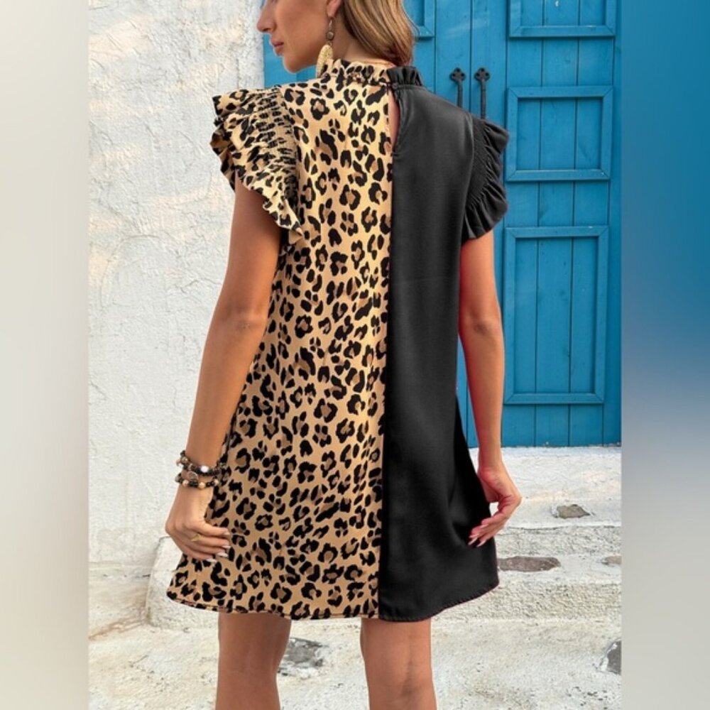 Leopard Color Block Ruffle Sleeve Dress - Picture 8 of 10